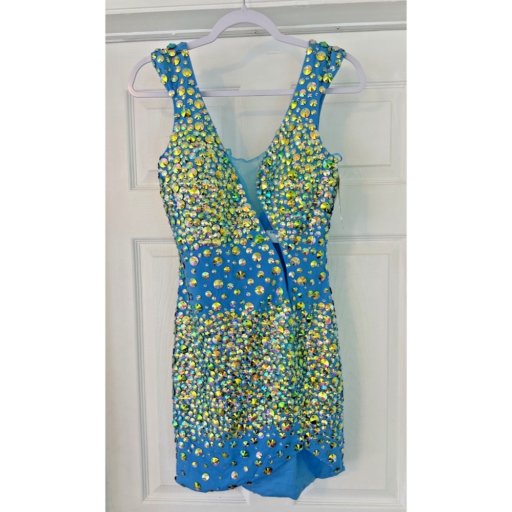 Hannah S Cocktail Formal Dress Turquoise Bejeweled Sz 6 Mesh Wave Hem Lined Tag